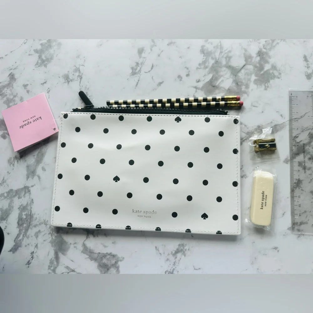 Kate Spade Black and White Polka Dot Pencil Case with Accessories